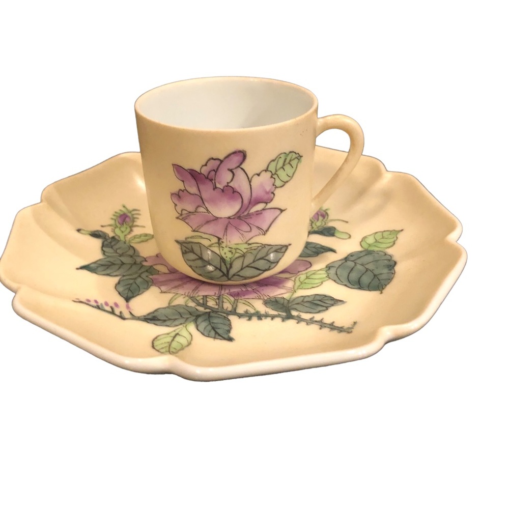 Vintage Porcelain Floral Demitasse Tea Cup Saucer Hand Painted Peony Hong Kong